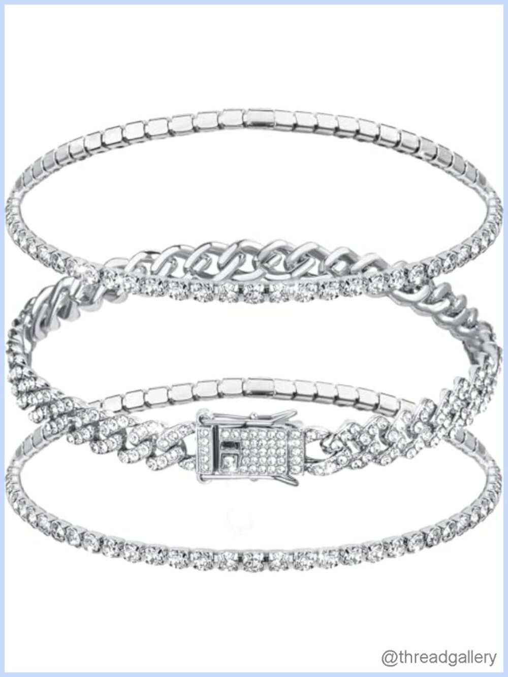 Cuban Link & Tennis Anklets Set of 3 Rhinestone Summer Beach Jewelry